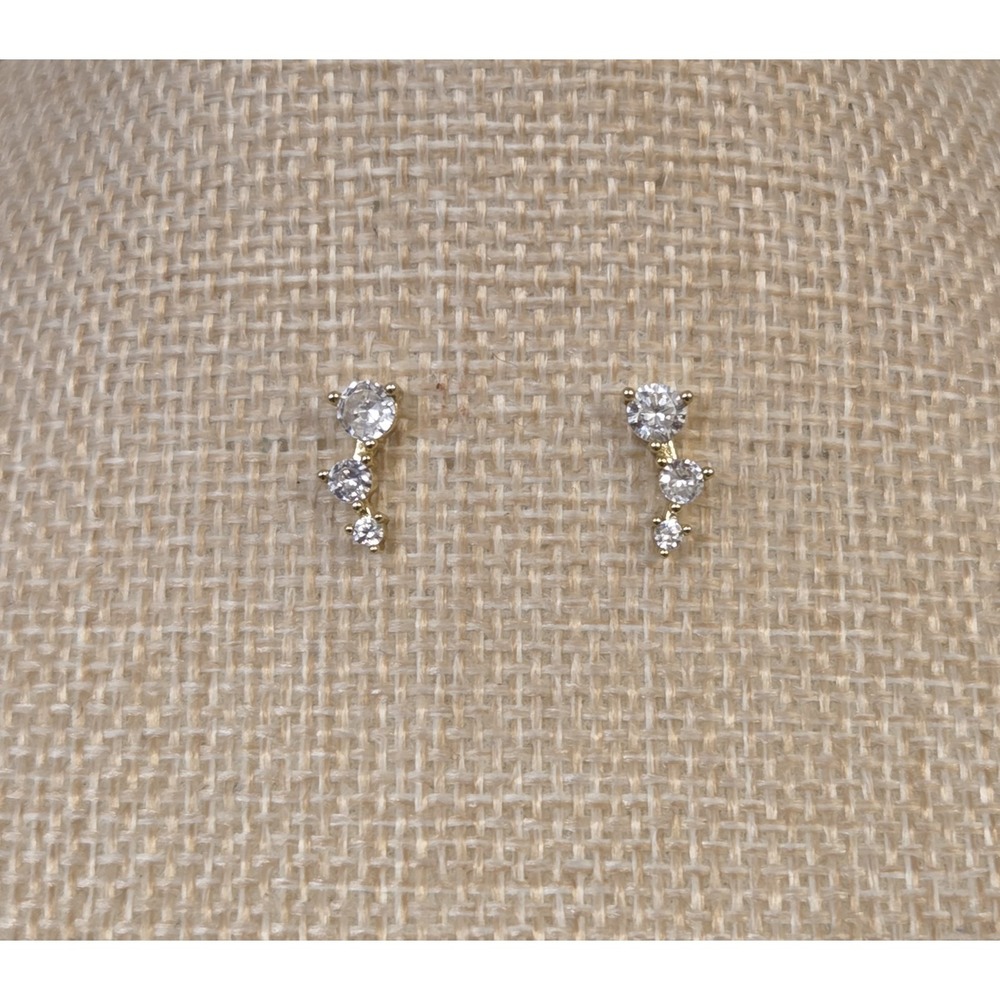 Sterling Silver Gold‎ Tone 3 Stone Climber Stud Earrings CZ